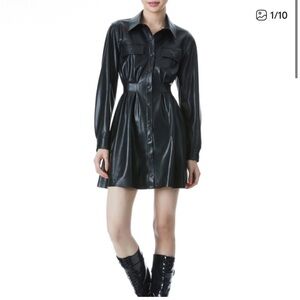 Alice + Olivia Black Leather-Style Shirt Dress